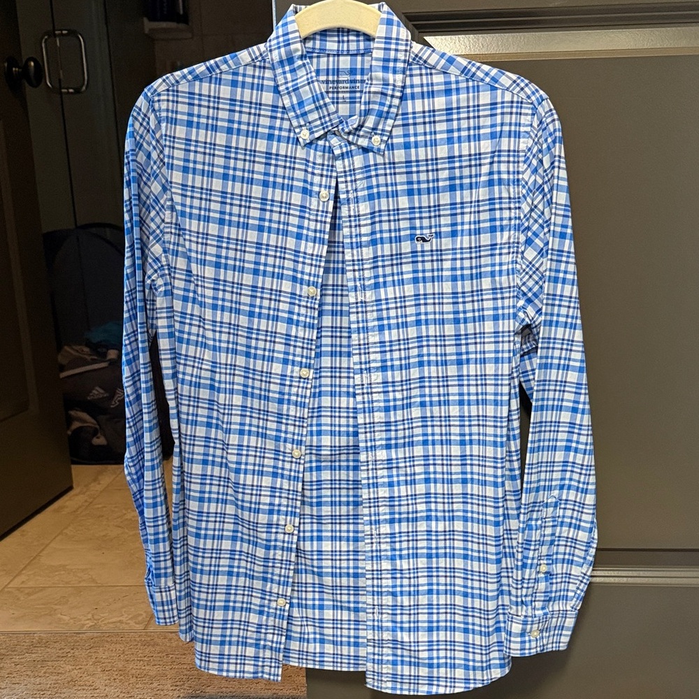 Vineyard Vines Blue and White Plaid Kids Button Down Shirt